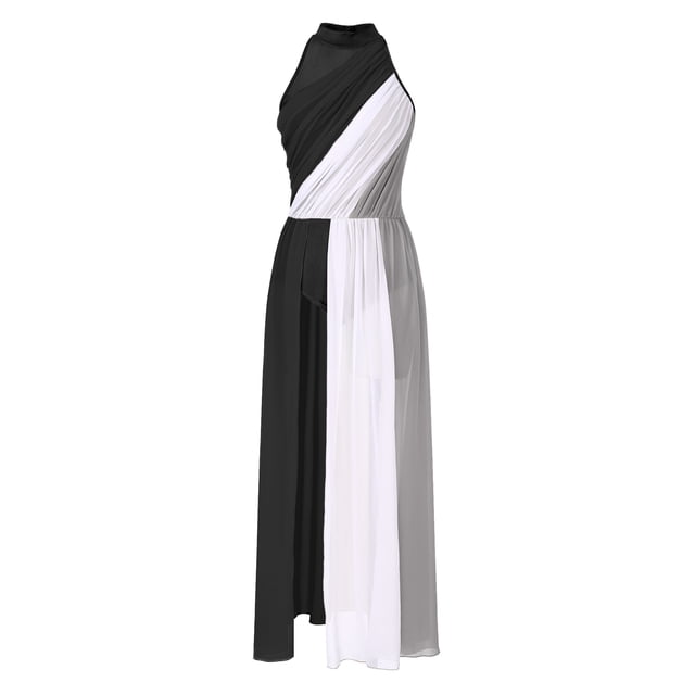 ranrann Robe de Danse Lyrique pour Femmes Col Halter Ourlet Froncé Robe Maxi Fluide à Blocs de Couleur pour Performance Noir m