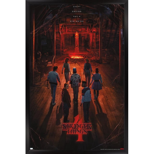Netflix Stranger Things : Saison 4 - Affiche Murale Teaser « Creel House » en une Feuille avec Punaises, 22,375 Po x 34 Po Montrant Sept Personnages Marchant vers un Grand-Père Rouge Lumineux avec une Horloge à l'Intérieur d'Un Grenier Sombre avec Planchers en Bois et Toiles d'Araignée, avec le Texte « Every ending has a beginning » et le logo Stranger Things 4 au Bas, Convient pour Décorer des Chambres, des Bureaux Ou des Espaces pour Fans.