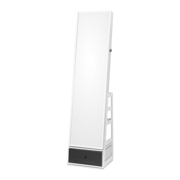 KFFKFF Porte-Bijoux Miroir Pivotant, Miroir Pleine Longueur Verrouillable avec Éclairage DEL, Intérieur en Velours et Tiroir de Rangement, Pivote à 360 Degrés, Armoire à Bijoux Autoportante, Blanc