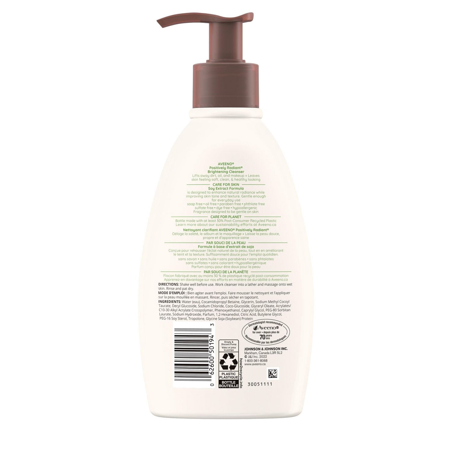 Aveeno Positively Radiant Nettoyant Clarifiant - Démaquillant, Nettoyant pour le Visage à l'Extrait de Soya, Retire l'Huile, Unifie le Teint