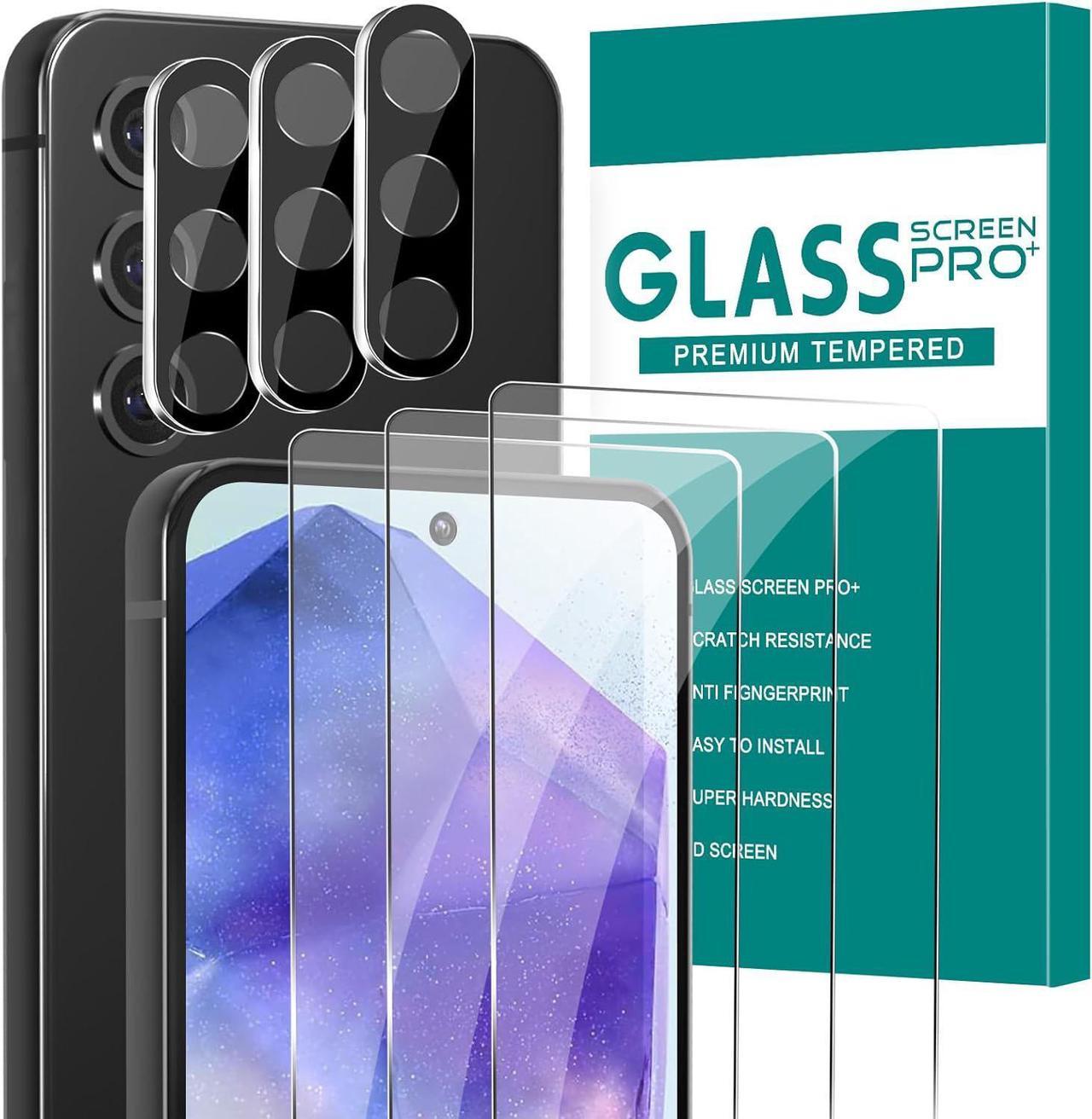 [3+3 Pack] Glass Screen Protector for Samsung Galaxy A55 with Camera Lens Protector, 3D Curved, 6.6 inch 2024 9H Tempered Glass for Galaxy A55 Glass Screen Protector