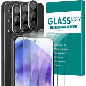 [3+3 Pack] Protecteur d'écran en verre pour Samsung Galaxy A55 avec protège-objectif caméra, 3D Courbé, 6.6 de pouce 2024 9H Verre trempé pour Galaxy A55 Protecteur d'écran en verre
