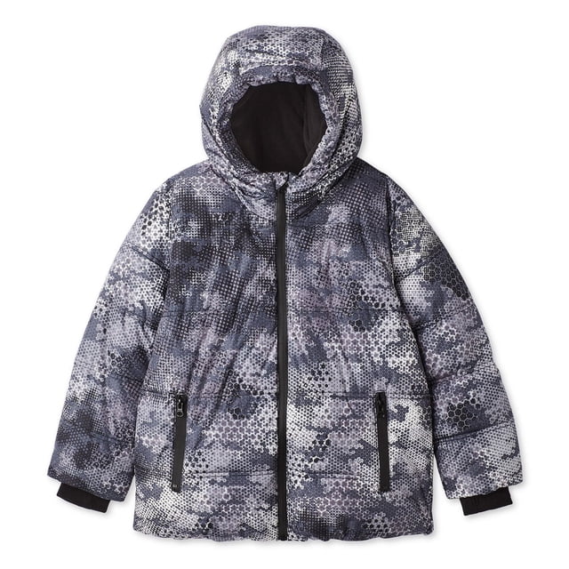 George Boys' Puffer Jacket in grey and black pixelated camouflage pattern, water-repellent with insulated micro fleece lining in hood and upper body, long sleeves with knitted storm cuffs, exposed front zipper, elasticized waistband, and zippered exterior pockets for secure essentials.