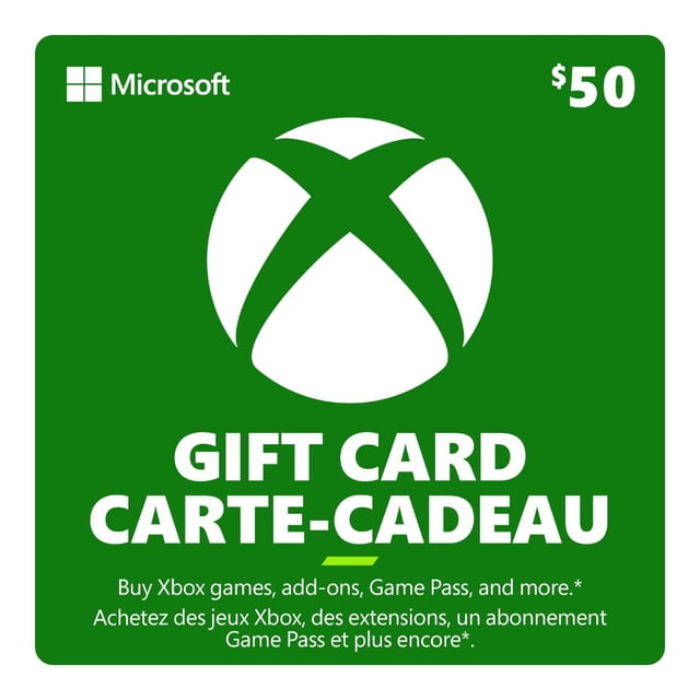 Carte-cadeau Xbox de 50 $ (Code Numérique) avec Fond Vert Mettant en Vedette le logo Xbox Blanc et la Marque Microsoft, Texte Bilingue Anglais et Français Favorisant le Crédit pour les Jeux Xbox, les Modules Supplémentaires, le Game Pass et le Divertissement Numérique.