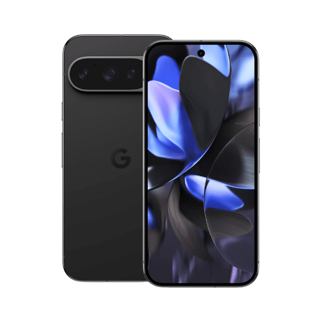 Open Box - Google Pixel 9 Pro 128 GB in Obsidian, shown in a front and back view. Features a 6.3-inch display, triple rear cameras (50MP wide, 48MP periscope telephoto, 48MP ultrawide), and a 42MP front ultrawide camera. Powered by Android 14 and an octa-core processor, it includes 128GB storage and a 4700 mAh battery.