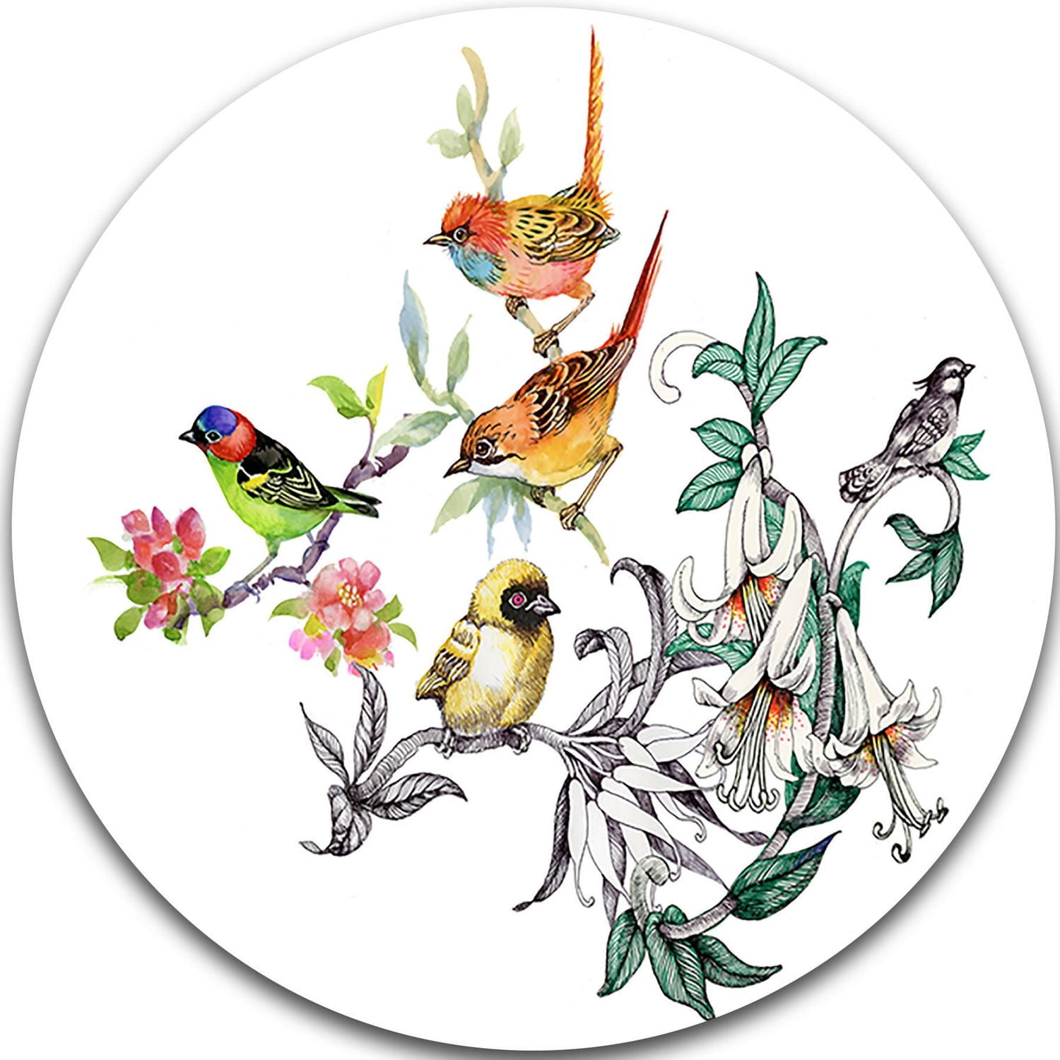 Art mural en métal Design Fleurs et oiseau tropicales ultra brillant cercle