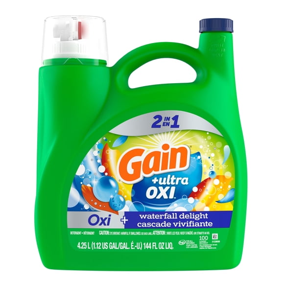Gain Ultra Oxi Liquid Laundry Detergent, Waterfall Delight Scent, Freshness + Odour Fighting, High efficiency washing machine iquid cleaning soap, 4.25 Litresm 100 Loads