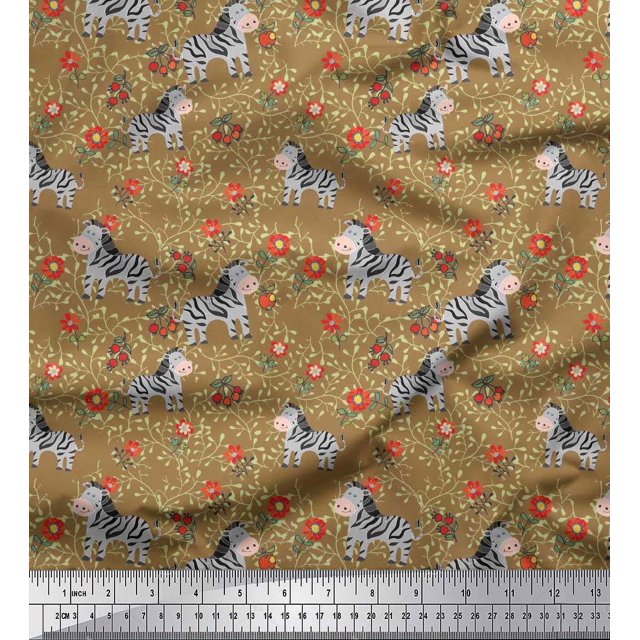 Soimoi Brown Crepe Silk Fabric Leaves,Floral & Animal Cartoon Print Fabric by Yard 42 Inch Wide