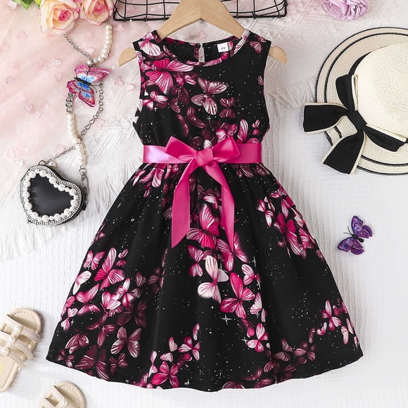 Girls Dresses Butterfly Print Sleeveless Casual Dress for Toddler Kids Girls Stylish Flowy Dresses with Bow Belt Toddler Dress Pink 5 Years-6 Years