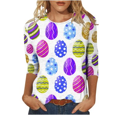 FAIWAD Hauts de Pâques pour Femmes Manches 3/4 Manches Courtes T-Shirt Imprimé Mignon Décontracté Grande Taille Blouses Légères