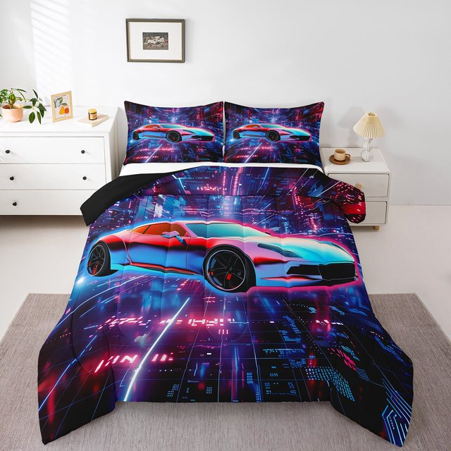 Erosebridal Racing Car Bedding Sets Full with Comforter,Gradient Geometric Duvet Insert,Race Car Bedroom Decor,Reversible,3pcs