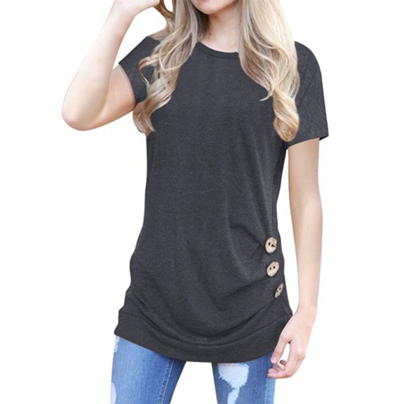 Unatoiry Women Solid Color Short Sleeve Button Decor Tops grey XL