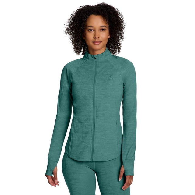 Reebok Veste de Performance Reflex pour Femmes à Fermeture Éclair Intégrale avec Poches en Vert Sarcelle, Coupe Ajustée avec Tissu Qui Évacue l'Humidité, Col Montant Haut, Fermeture Éclair Frontale Intégrale, Poignets avec Passe-Pouce et Poches Latérales à Fermeture Éclair Dissimulée, Idéale pour l'Entraînement, la Superposition et les Tenues Décontractées.