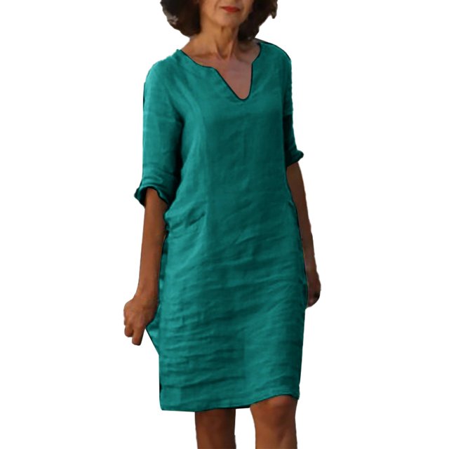 2025 et Robe en Lin à Manches Courtes à Boutons devant Vacances Semi-Décontractée Robe d'Été Petite pour Femmes Robe Mini à Col en V Robe Trapèze Été Femmes Couleur Unie Femmes
