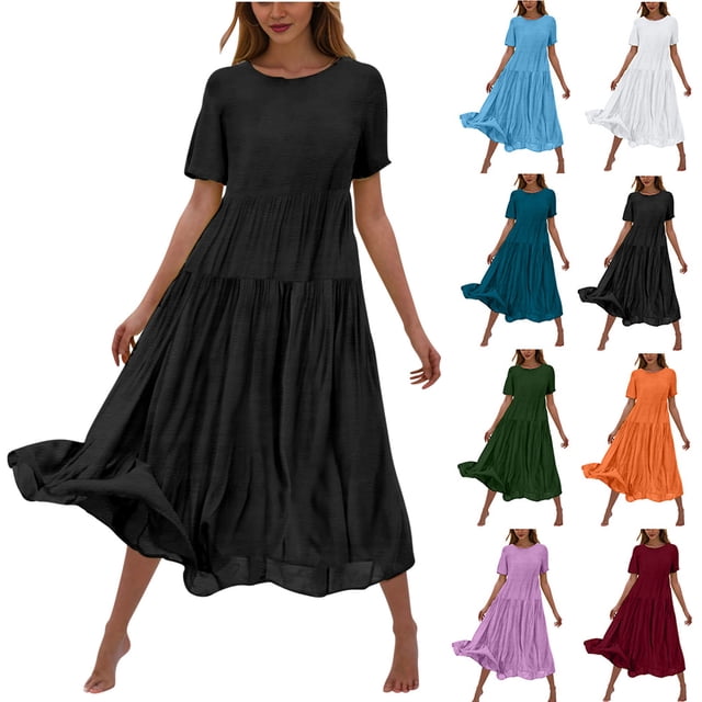 Sentmoon A Line Dress Short Sleeve Crew Neck Prom Dress 2026 Summer Solid Color Regular Fit Breathable Elegant Ladies Dresses for Going Out and Party Orange M