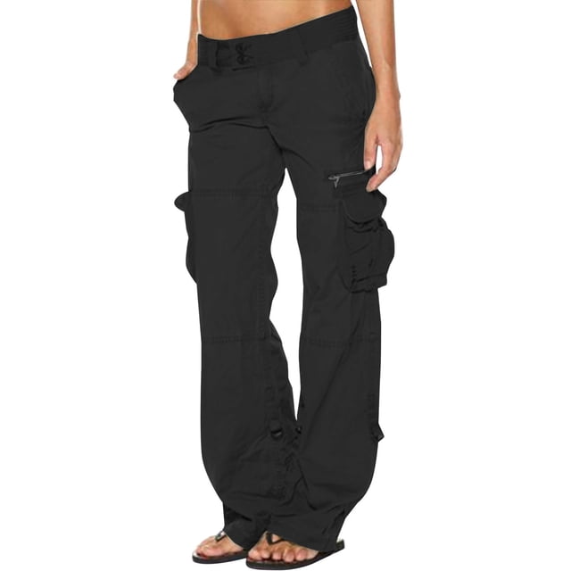 Jsaierl Womens Cargo Pants Elastic Waisted Button Straight Wide Leg Pants Solid Color Lightweight Running Trousers with Flap Pockets