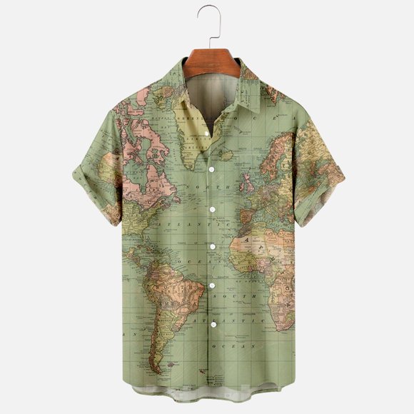 lcziwo Mens Hawaiian Shirts 2024 Summer Casual Short Sleeve Button Down Shirt World Map Print Graphic Tees Shirts Beach Bowling Shirts Tops Green S