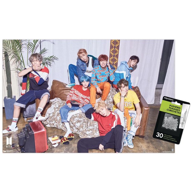 BTS - LOVE YOURSELF ? 'Her' Wall Poster, 22.375" x 34" framed, featuring seven BTS members in colorful casual outfits posed on and around a brown leather couch with a patterned throw, set in a modern room with a potted cactus, retro TV, and gaming console, suitable for adding trendy wall art to bedrooms, dorms, or offices.