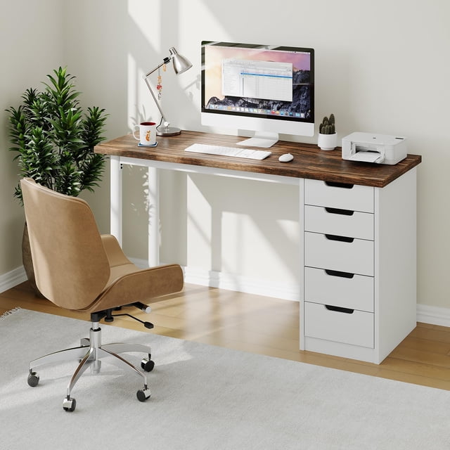 BeesClover Computer Desk 47" with 5 Drawers, Modern Study Table with Storage and Sturdy Metal Legs, Office Desk for Small Spaces, Apartments, Dorm Rooms