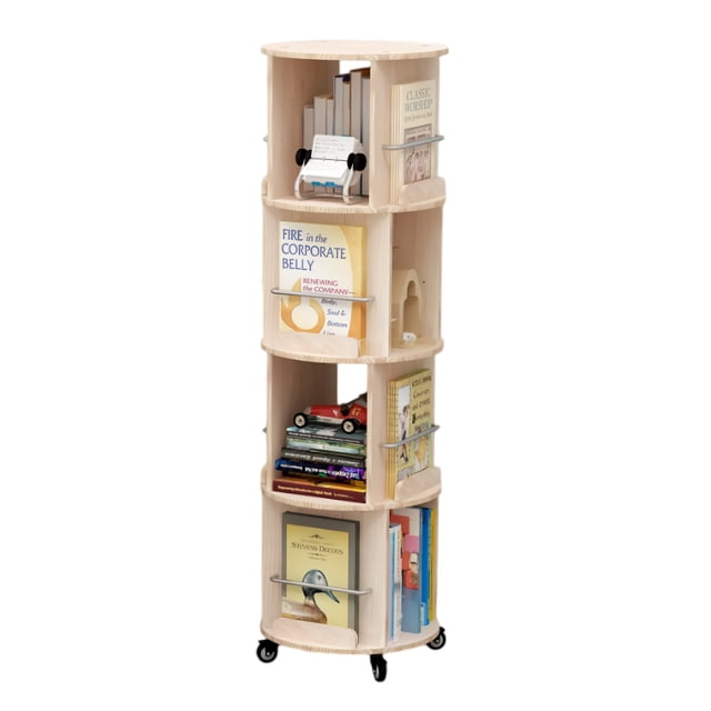 TOYTEXX 4-Tier Rotating Bookshelf in beige, featuring a cylindrical design with 360° rotation for easy access to books, toys, and decorative items. Made of solid wood with metal rails on each tier to prevent items from falling. The open-shelf design offers visibility and accessibility, while smooth-glide wheels provide mobility. Compact and stackable, it measures 129 x 39 x 39 cm, making it ideal for home, office, or classroom use.