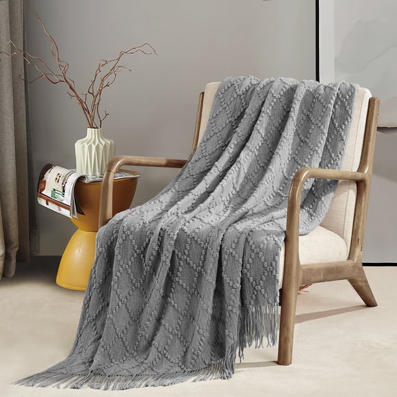 Bourina Rhombus Throw Blanket,Textured Solid Soft Throws for Sofa or Bed Knitted Decorative 50*70 inches,Light Grey for Adults