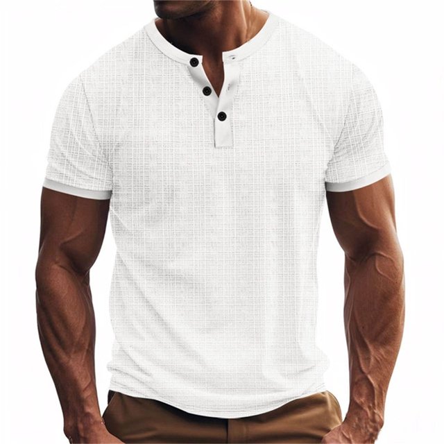 BEFOKA Mens Summer Short Sleeve Tops,Summer Tops Clearance,Man Leisure Button Solid Color Ventilation Short Sleeve Round Neck Top