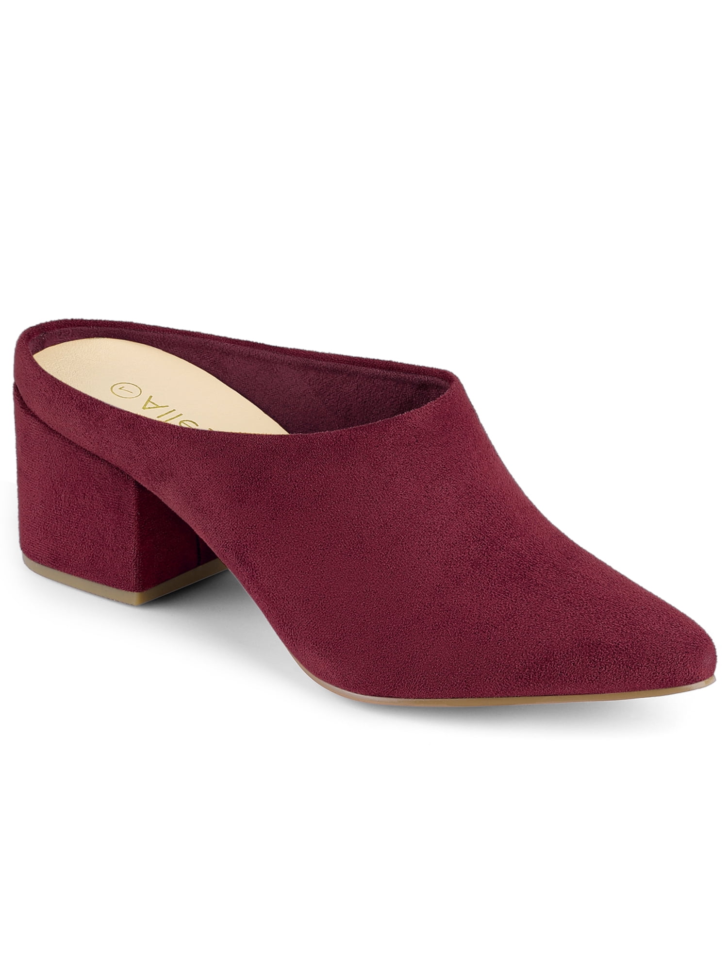 BLISSFUL STEP Women's Slides Chunky High Heels Slip on Pointed Toe Slide Mules Burgundy 9.5