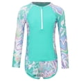 thumbnail image 1 of Jizyo Kids Girls 2Pcs Rash Guard Long Sleeve Zipper Wave Striped Printed Swim Top with Shorts Bathing Suit Green 8Y, 1 of 7