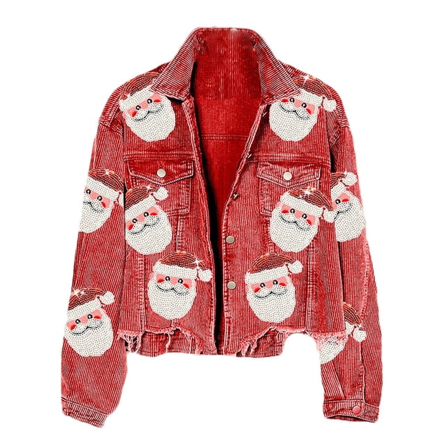 Kcodviy Veste Décontractée en Velours Côtelé d'Automne et d'Hiver pour Femme et Veste à Paillettes du Père Noël, Chandail à Col Roulé à Capuchon pour Femmes, Vestes à Manches, Veste Décontractée de Couleur, Baseball