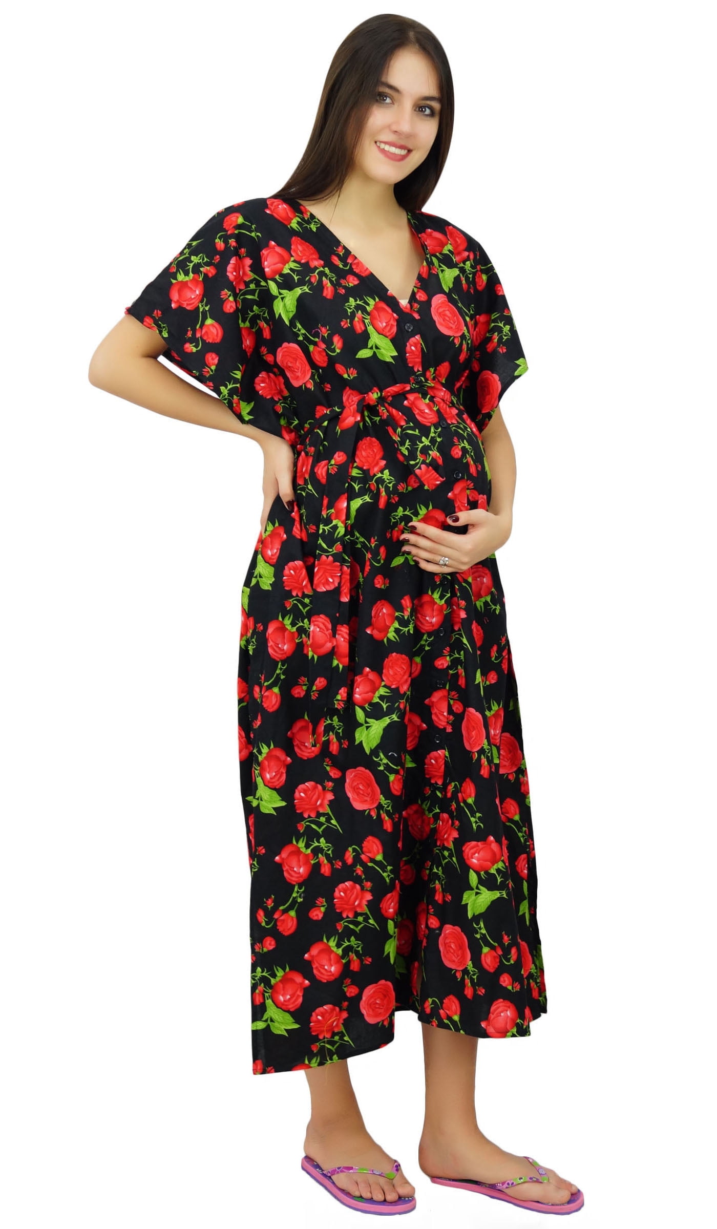 Bimba Caftan pour Mères Allaitantes à Imprimé Floral Maxi Kaftan Maternity Robe avec Ceinture