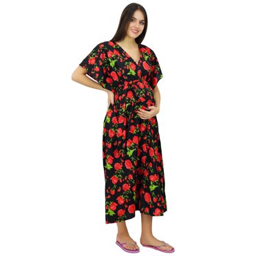 Bimba Nursing Mothers Caftan Floral Print Maxi Kaftan Maternity Gown with Belt