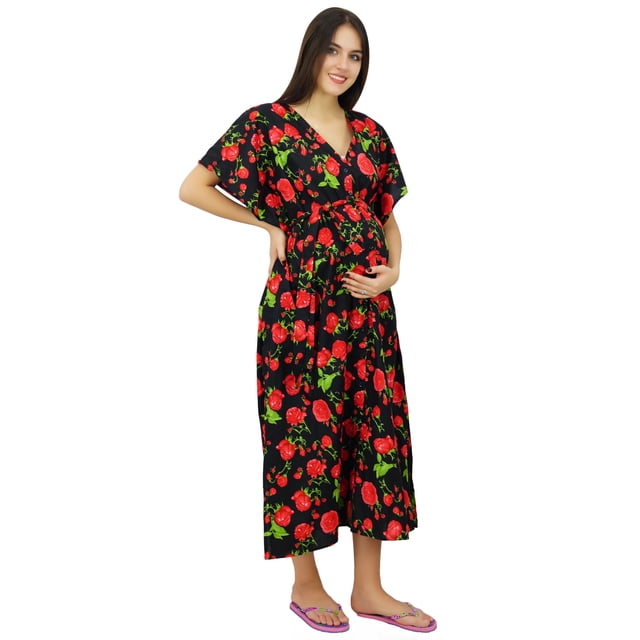 Bimba Caftan pour Mères Allaitantes à Imprimé Floral Maxi Kaftan Maternity Robe avec Ceinture