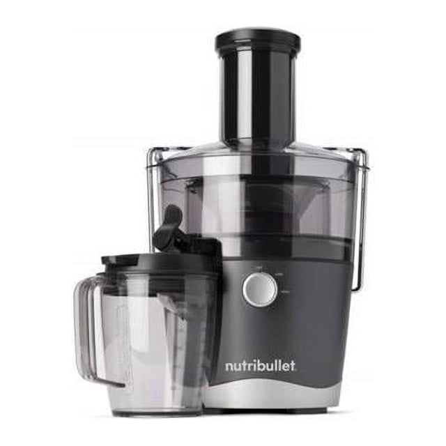 NutriBullet NBJ50100 27 oz 2-Speed Electric Juicer in gray, featuring a compact design with a 3-inch wide feed chute, 27 oz juice pitcher with sealing lid and froth separator, and a stainless steel sieve. Includes an 800W motor base, pulp basin, food pusher, and cleaning brush. Ideal for making fresh juice with minimal prep and easy cleanup.