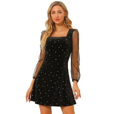 INSPIRE CHIC Junior's Mesh Sheer Puff Long Sleeve Square Neck Shiny Star Velvet Mini Dress