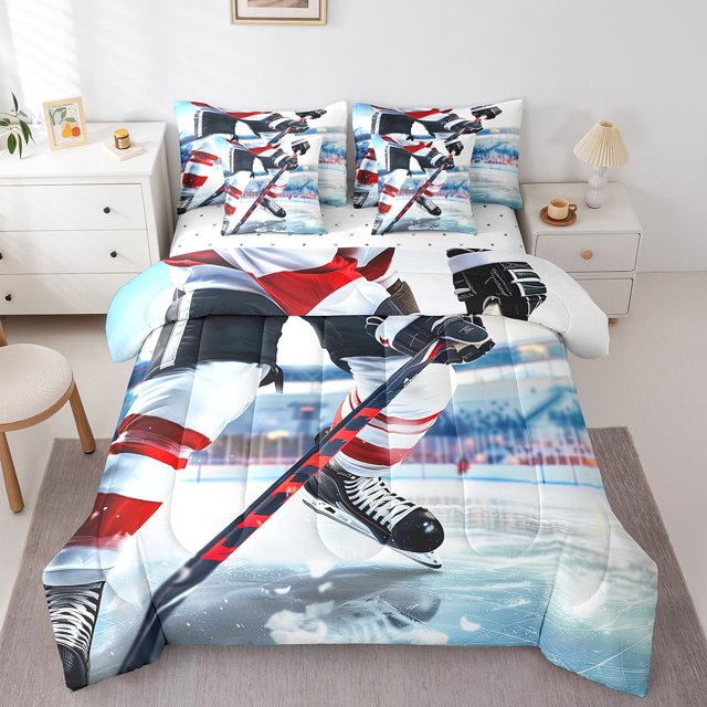 YST 7Pcs Ice Hockey Comforter Set Bed in a Bag, Winter Sports Game, Full Size (7 Count)