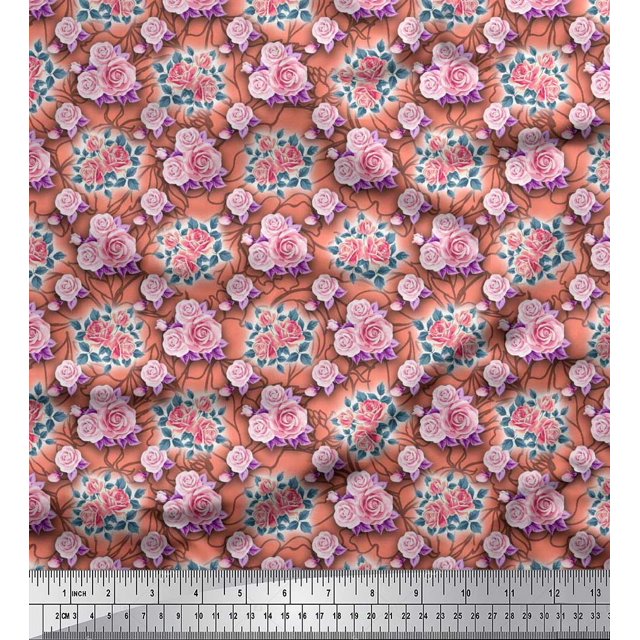 Soimoi Tissu Poly Georgette Imprimé Feuilles & Roses au Mètre 52 Pouces de Large