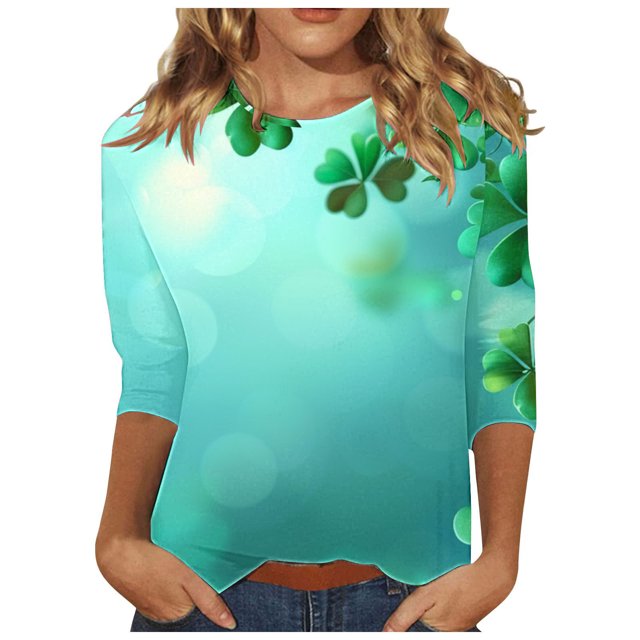 Diufon T-Shirts de la Saint-Patrick pour Femmes, Grande Taille, Imprimé Trèfle, Manches 3/4, Col Rond