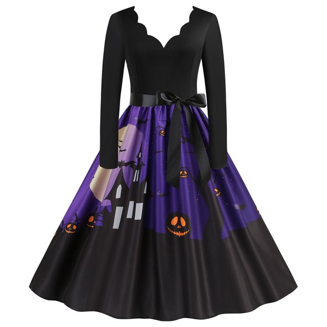 TIMIFIS Robe d'Halloween et d'Action de Grâce pour Femmes, Robe à Manches Longues, Citrouille Ajourée, Robe de Fête Décontractée Automne/hiver
