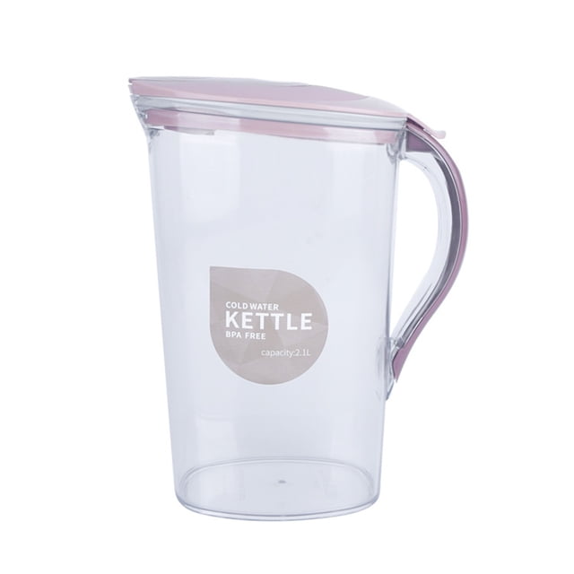 Water Pitcher 1.4L with a transparent plastic body and a pink pop-up lid. Designed for storing beverages like lemonade, juice, or iced tea, this pitcher features a one-way hawk's beak spout for leak-proof pouring and a comfortable handle for easy grip. Ideal for refrigeration and daily use, it is made of food-grade, heat-resistant polypropylene material. The pitcher is shown in a front-facing view against a white background.