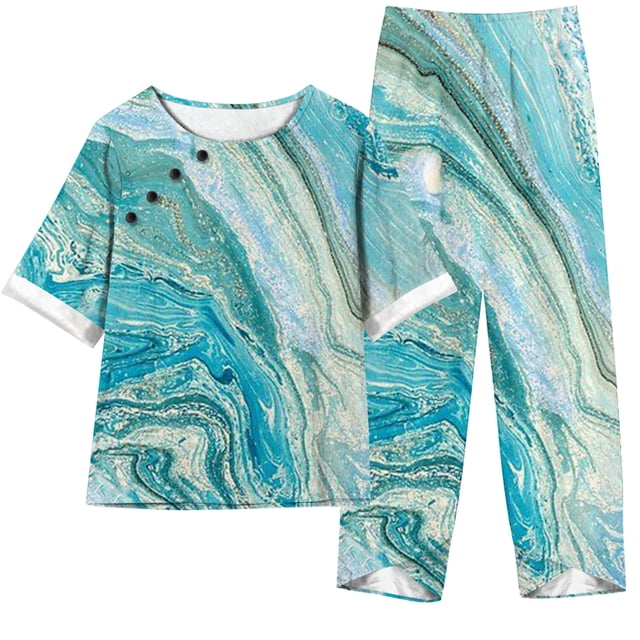 Mikilon Ensemble Élégant pour Femmes 2 Pcs Imprimé Manches 5/10 Col Rond + Pantalon Décontracté Ensemble Chic et Confortable Manches Courtes Col Rond Bleu Clair L