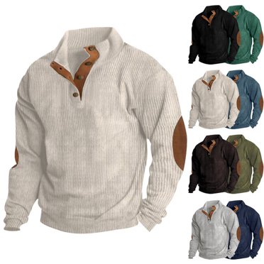 Yuyuzo Corduroy Sweatshirts for Men Quarter Buttons Stand Collar Long Sleeve Pullover Casual Fall Loose Golf Shirts Tops