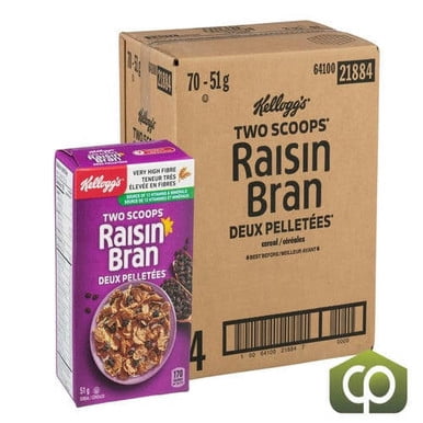 Kellogg's Raisin Bran Cereal 51g (70/Case) - Crispy Bran Flakes - 1.8 lbs