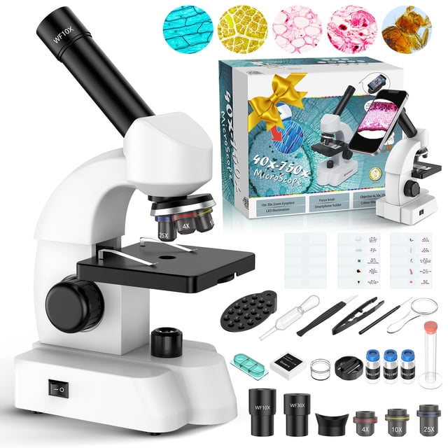 Kids Microscope Kit-Microscope for Kids Children Student 40X-750X,Compound Biological Educational Microscope with Smartphone Adapter Slides Set. Front-centered view of the LAKWAR student compound microscope with monocular eyepiece, coarse and fine focus knobs, rotatable objective turret and LED illuminator; ABS body, metal stage with slide clips and phone adapter attached. Accessories visible: spare bulb, 15 slides (10 prepared, 5 blank) and operation tools. Ideal for STEM learning, classroom or home-school science projects; often used as a portable nature display viewer for leaves or coins.