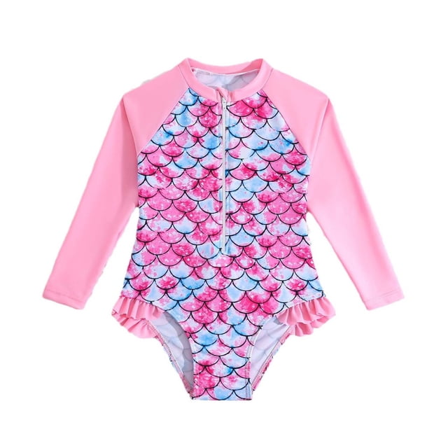 MIASHUI Maillots de Bain une Pièce pour Filles, Maillot Dermoprotecteur à Manches Longues pour Enfants, Rouge, 5-6 Ans