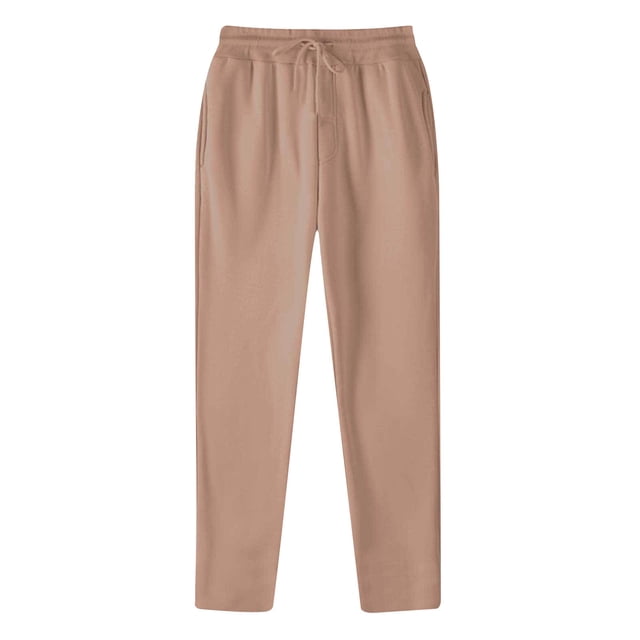 FAIWAD Men's Elastic Waist Drawstring Sweatpants in a solid beige color, designed with a casual loose fit and lightweight polyester material. These joggers feature a high-waisted design, straight legs, and elastic cuffs, making them ideal for all seasons. Perfect for casual outings, workouts, travel, or daily wear, they pair well with various tops for a trendy look.