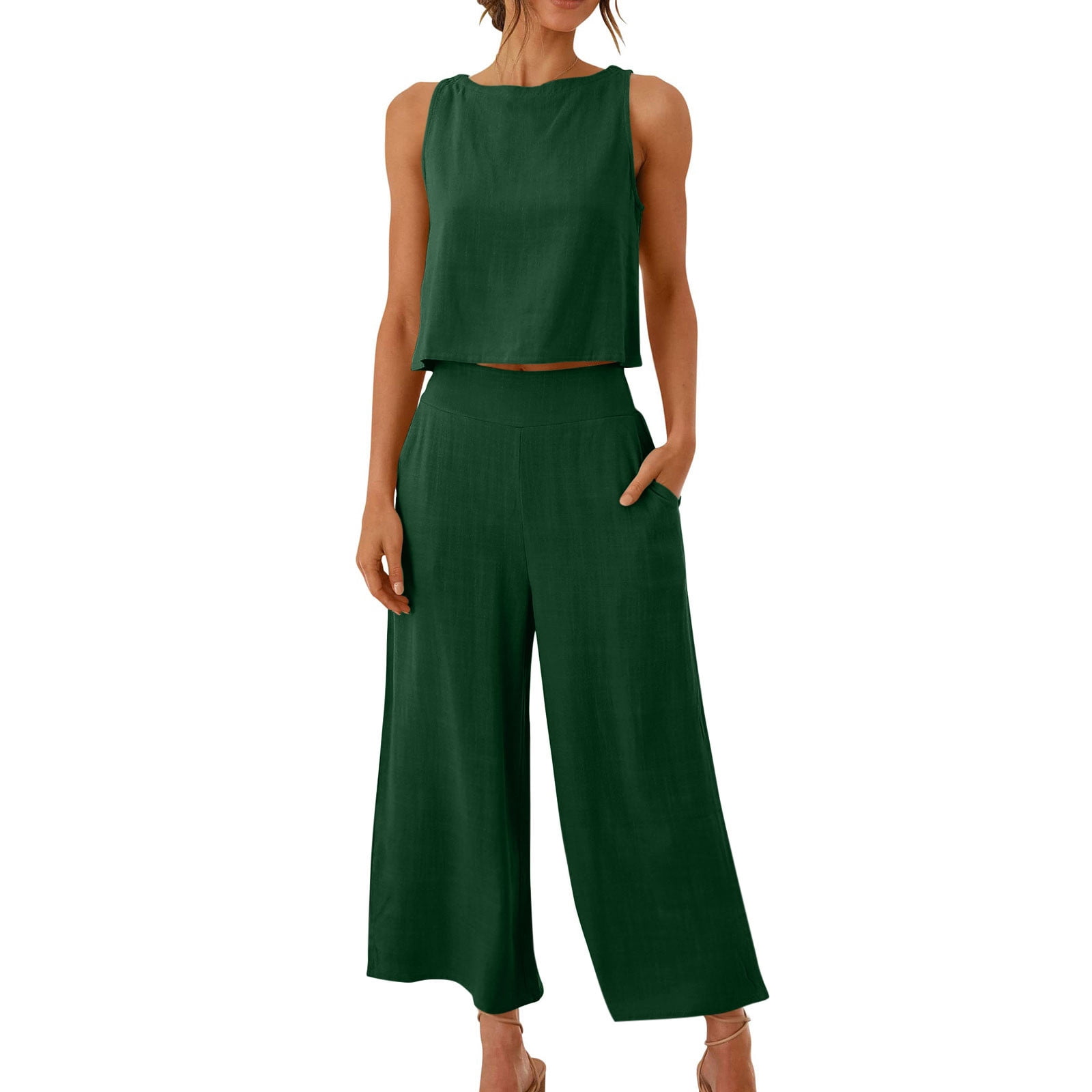 PEZHADA Womens 2 Piece Outfits Lounge Matching Sets Two Piece Linen Pants Crop Tops â Trendy Clothes Summer Vacation Set Green