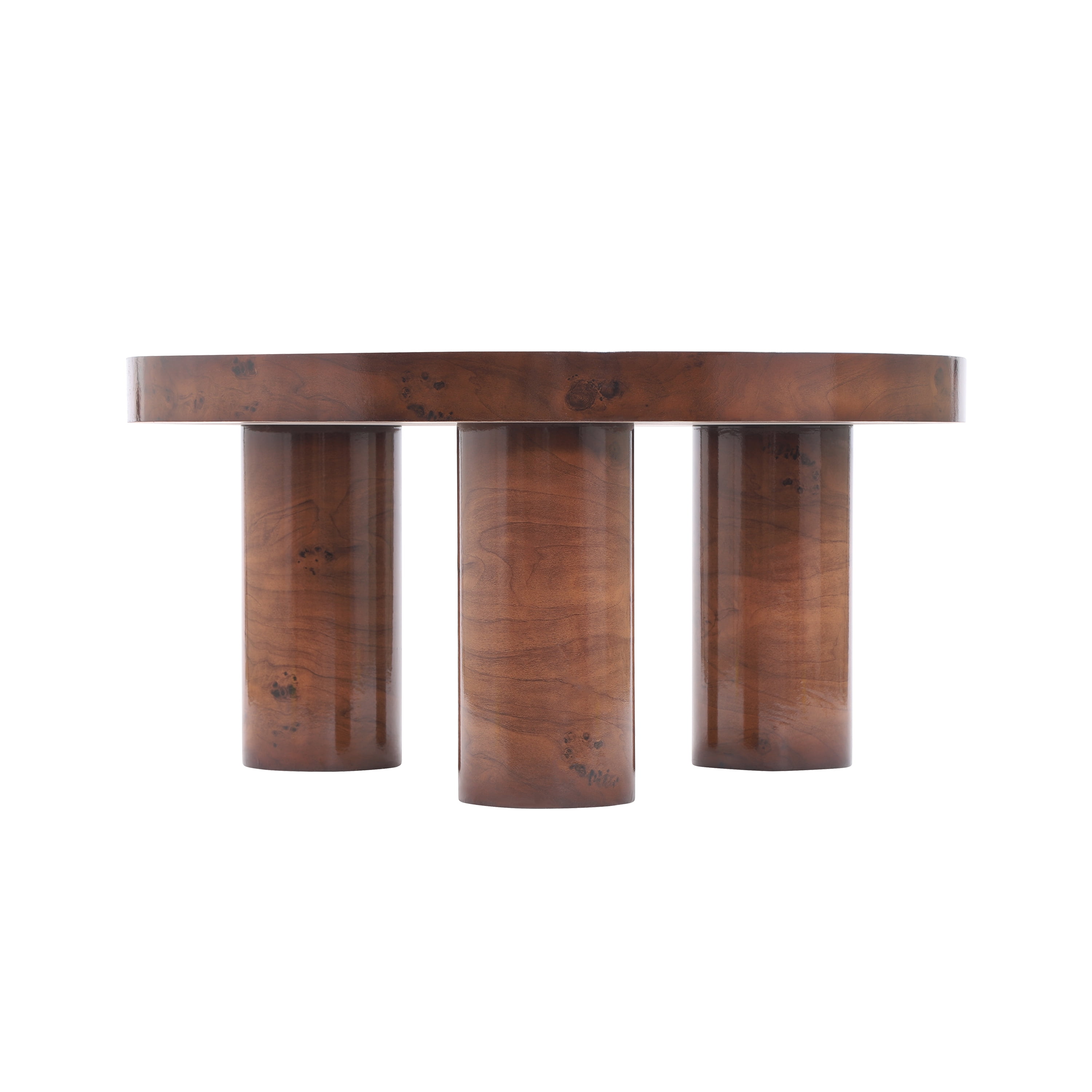 Table basse ronde moderne Noble House 80 cm, fini placage loupe, noyer