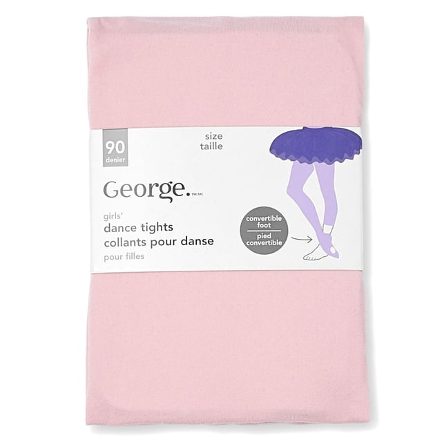 George girls' dance tights in light pink with 90 denier fabric, featuring convertible feet for full length or 3/4 capri style and an elastic waistband, suitable for dance and performance wear.