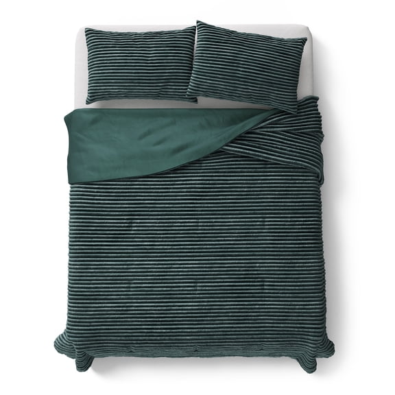 Mainstays Kids Dark Green Solid Plush Ribbed Corduroy Comforter Set Full/Queen 3 Piece