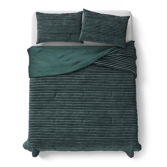 Mainstays Kids Dark Green Solid Plush Ribbed Corduroy Comforter Set Full/Queen 3 Piece